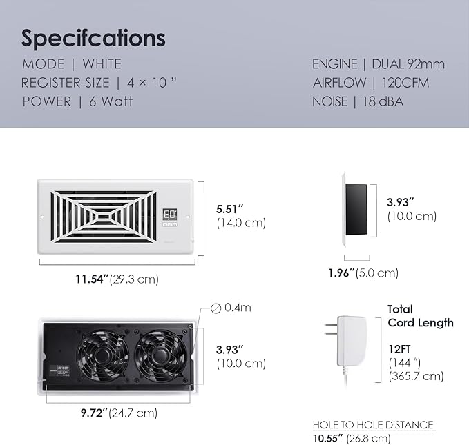 Quiet Register Booster Fan Fits 4" x 10" Register Holes, 10-Speed Smart Heating Cooling AC Vent Fan with Remote Control and Thermostat Control - White - Image 6