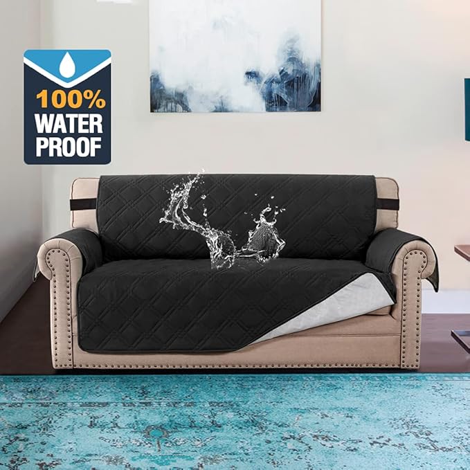 H.VERSAILTEX 100% Waterproof Sofa Slipcover Washable Loveseat Cover for 2 Cushion Cover Non-Slip Furniture Protector with Puppy Paw Silicone Backing Couch Cover for Pets Dogs (Loveseat, Black) - Image 2