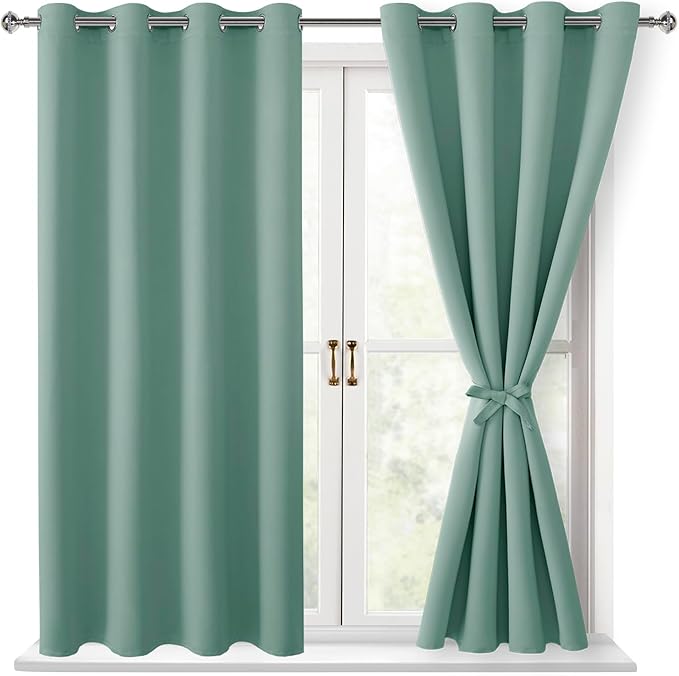 Hiasan Blackout Curtains for Bedroom, 52 x 54 Inches Long - Thermal Insulated & Light Blocking Window Curtains for Living Room, 2 Drape Panels Sewn with Tiebacks, Sage Green by Hiasan