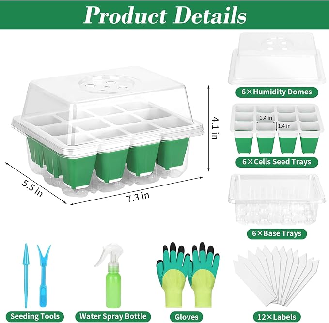 Mckanti 6 Pack Silicone Seed Starter Tray, Reusable Seed Starter Kit with Humidity Adjustable Dome, Lid and Tools for Indoor Seed Germination - Image 2