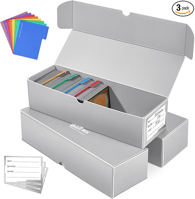 Trading Card Storage Box, 3-Pack·1000 Count Card Storage Box with Dividers and Labels, Card Organizer for Collection, Trading Card Holder for Collector, 12 INCH by Fabmaker