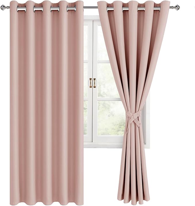 Hiasan Blackout Curtains for Bedroom, 60 x 63 Inches Length - Thermal Insulated Noise reducing Window Curtains for Living Room, 2 Drape Panels Sewn with Tiebacks, Blush by Hiasan
