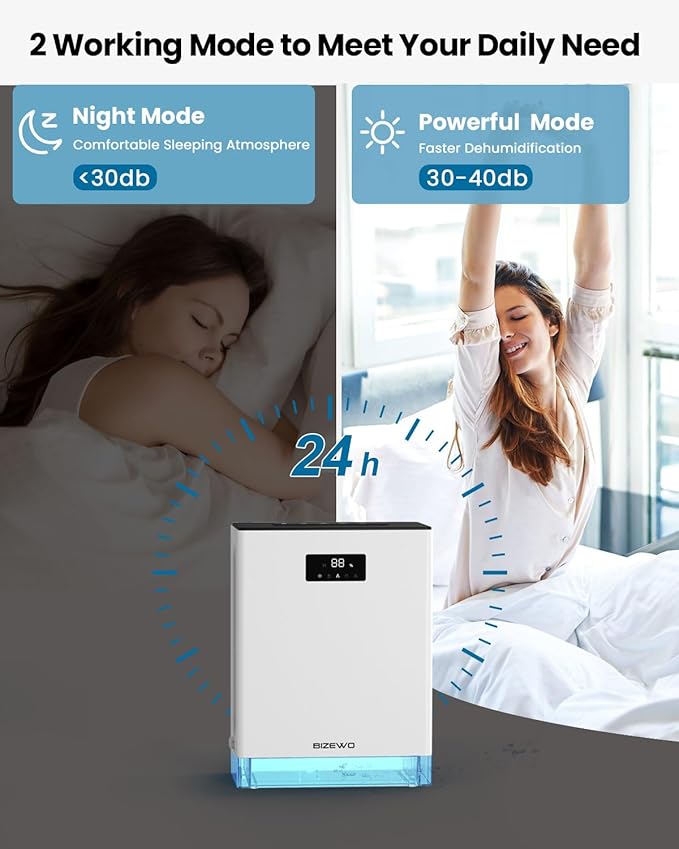 BIZEWO Dehumidifier for Home, (980 sq.ft) Queit Dehumidifiers for Bathroom, Basement, RV with 101 oz Water Tank, 2 Modes, Auto Defrost, Auto Shut Off, Timers, 7 Colors Ambient Light - Image 4