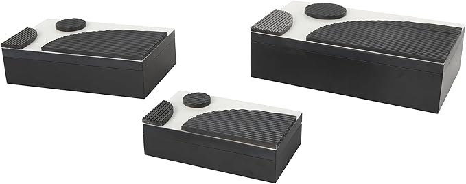 Deco 79 Wood Handmade Decorative Box Decorative Keepsake Boxes with 3D Geometric Accents, Set of 3 Storage Boxes 15", 12", 9"W, Black by Deco79