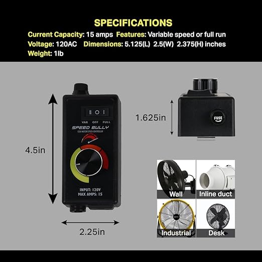Speed Bully Motor Fan Speed Controller 120V, Variable Speed Controller for Electric Motor, Fans, Pumps, Routers, AC & DC Motors, Inline Duct Fan Controller, Perfect AC Motor Speed Control - Image 4