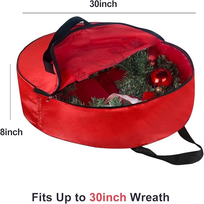 TQS Large Christmas Wreath Storage Bag - 30 Inch, Red, Cotton, Zipper Closure, Reinforced Handles, Double Zippers, Clear Card Slot, Ideal for Christmas Decorations - Image 2