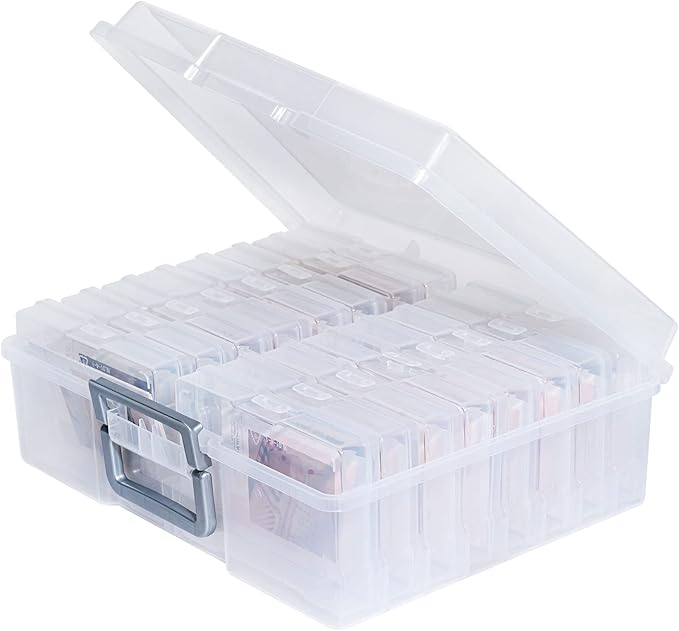 novelinks Transparent 4" x 6" Photo Organizers and Photo Storage Box with Handle, 16 Inner Photo Cases, Portable Picture Organizers & Photo Storage Containers (Clear-Silver Handle) by novelinks