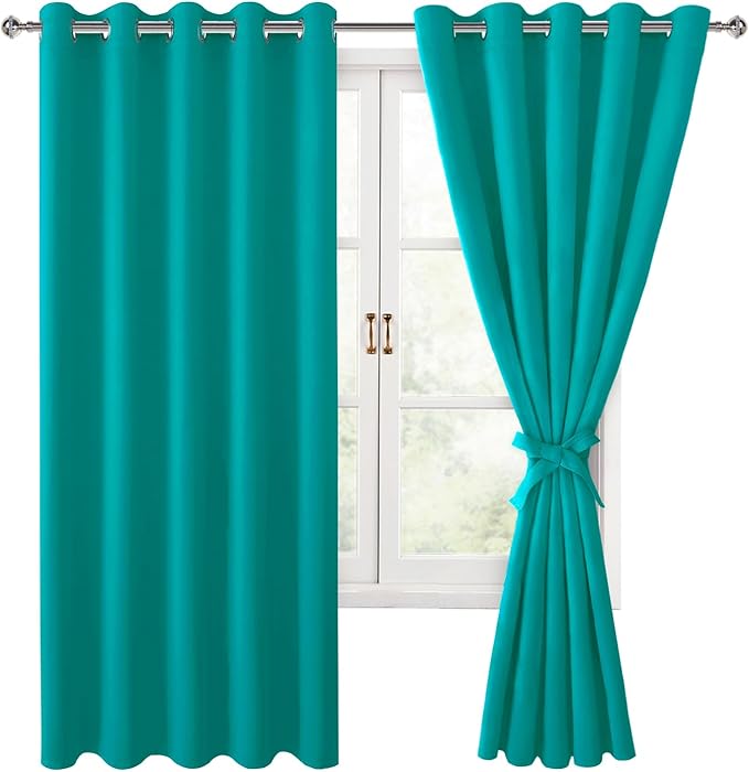 Hiasan Blackout Curtains for Bedroom, 60 x 63 Inches Length - Thermal Insulated & Energy Saving Window Curtains for Living Room, 2 Drape Panels Sewn with Tiebacks, Peacock Teal by Hiasan