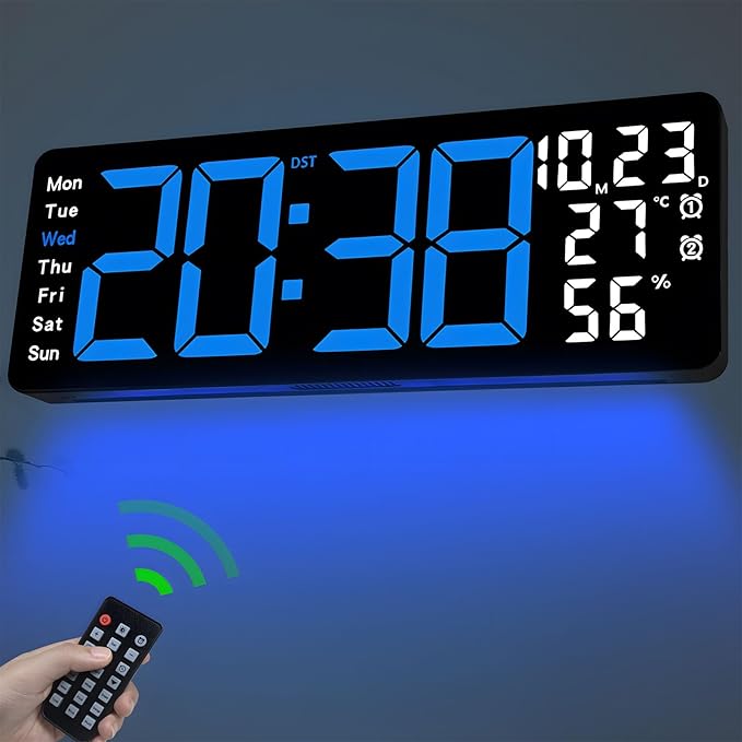 JoFomp 17.3" Large Digital Wall Clock, LED Digital Clock Large Display with Remote Control, Alarm Clock with Temp/DST/Dimmer/Humidity/Timer/Ambient Light - 12/24H, Alarm Wall Clock for Bedroom by JoFomp