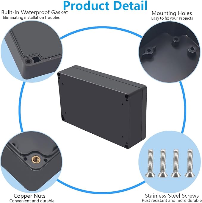 Outdoor Waterproof Junction Box IP67 Project Box ABS Black Electrical Boxes Electronic Enclsoure for DIY Project 7.9 x 4.7 x 2.2 inch (200x120x56mm) - Image 6