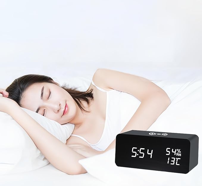 Lancoon Wooden Digital Alarm Clock with LED Wireless Charging Temperature and Humidity Display Adjustable Brightness Sound Control for Bedroom Home Office (Black) - Image 5