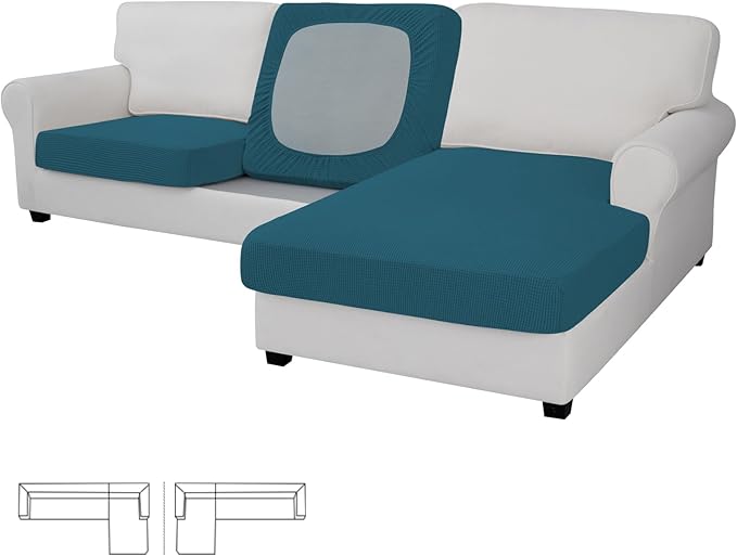 Easy-Going Stretch 3 Pieces Couch Cushion Covers for Sectional Sofa Left/Right L Shape Chaise Lounge Sofa Seat slipcover Anti-Slip Sofa Cover Soft (2 Seater + 1 Chaise, Peacock Blue) by Easy-Going