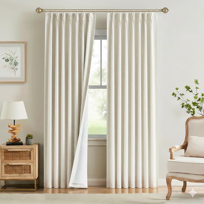 Kayne Studio Natural Pinch Pleated Full Blackout Curtains, Linen Blend Room Darkening Thermal Insulated Soundproof Drapes, 108 Inch Back Tab Window Curtains for Living Room Bedroom (2 Panels,40"x108") by KayneStudio