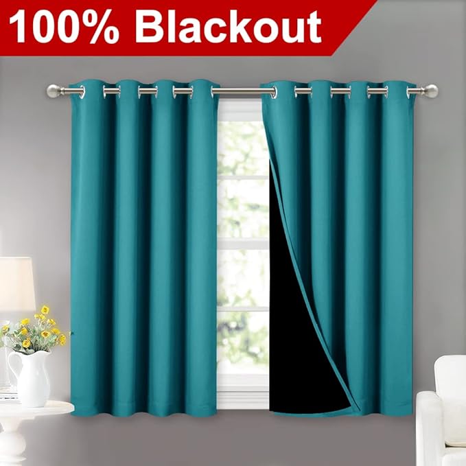 NICETOWN Peacock Teal 100% Blackout Curtains 45 inches Long, 2 Thick Layers Completely Blackout Window Treatment Thermal Insulated Lined Drapes for Small Window (1 Pair, 52 inches Width Each Panel) - Image 2