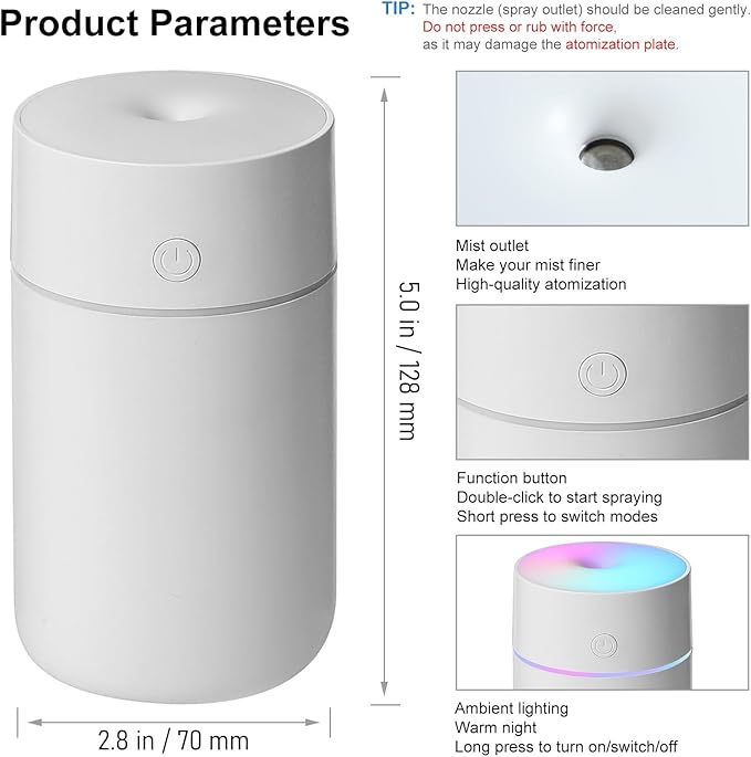HODEMI Portable Mini Humidifier - Recharge Small Personal Desk Cold Mist Air Humidifier with Adjustable Colorful Atmosphere Light and 4/8 H Timer Sprays Modes for Car, Bedroom & Office (White) - Image 8
