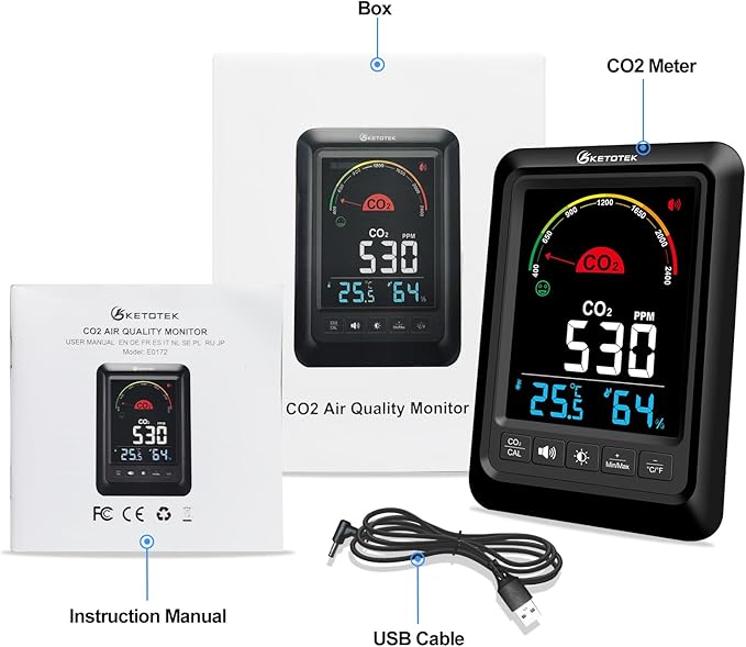 KETOTEK CO2 Monitor Indoor Air Quality Meter with CO2 Alarm, Temperature, Humidity Display, Portable Carbon Dioxide Detector for Home, Car, Office or School - Image 8