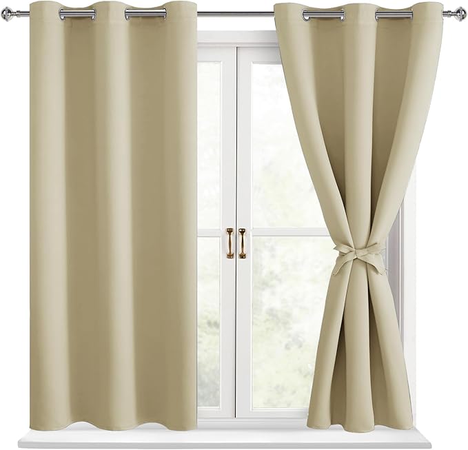 Hiasan Blackout Curtains for Bedroom - Thermal Insulated & Light Blocking Window Curtains for Living Room, 2 Drape Panels Sewn with Tiebacks, Light Beige, 42 x 54 Inch by Hiasan