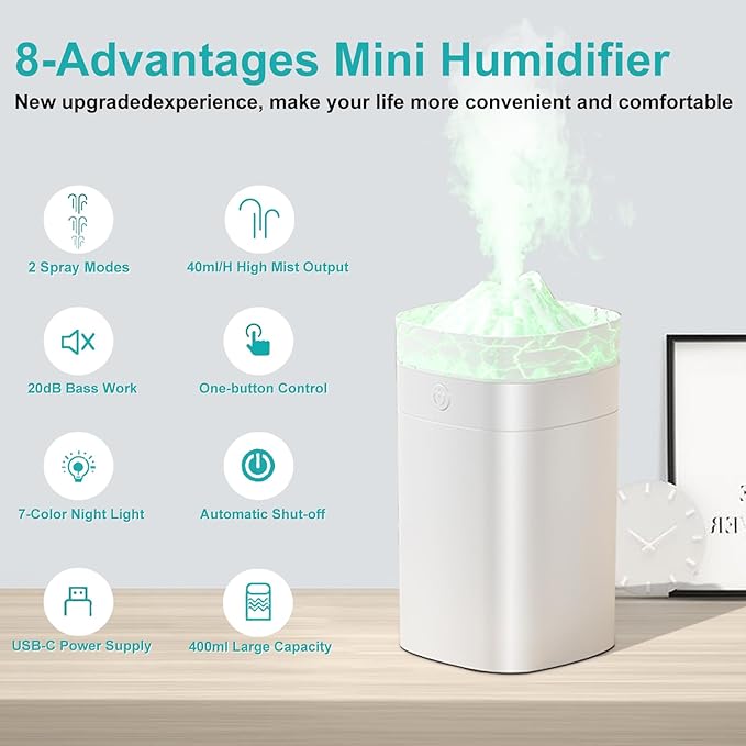 400ml Small Humidifier, Portable Mini Humidifier with 2 Modes Large Spray, USB Personal Desktop Humidifiers for Home Bedroom Car Office Travel Yoga with 7 Color LED Light, Auto Shut-Off, Bass Work - Image 2