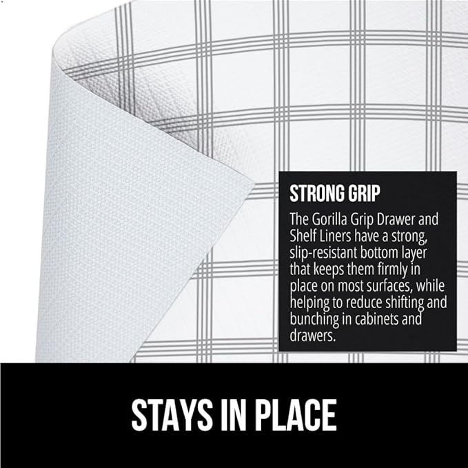 GORILLA GRIP DripGuard Shelf Liner, Non-Adhesive Drawer and Kitchen Cabinet Protector, Strong Grip Slip Resistant Underside, Smooth Surface Liners for Cabinets, Bathroom Closets 12x120 In White Stripe - Image 3