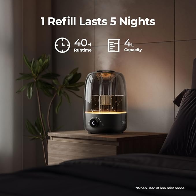 Homvana Humidifiers for Bedroom Diffusers - Top Fill 4L Cool Mist Humidifier Large Room, 40H Runtime Diffusers for Home, Air Humidifier for Plants, Baby Nursery, Essential Oil Diffusers (Black) - Image 3