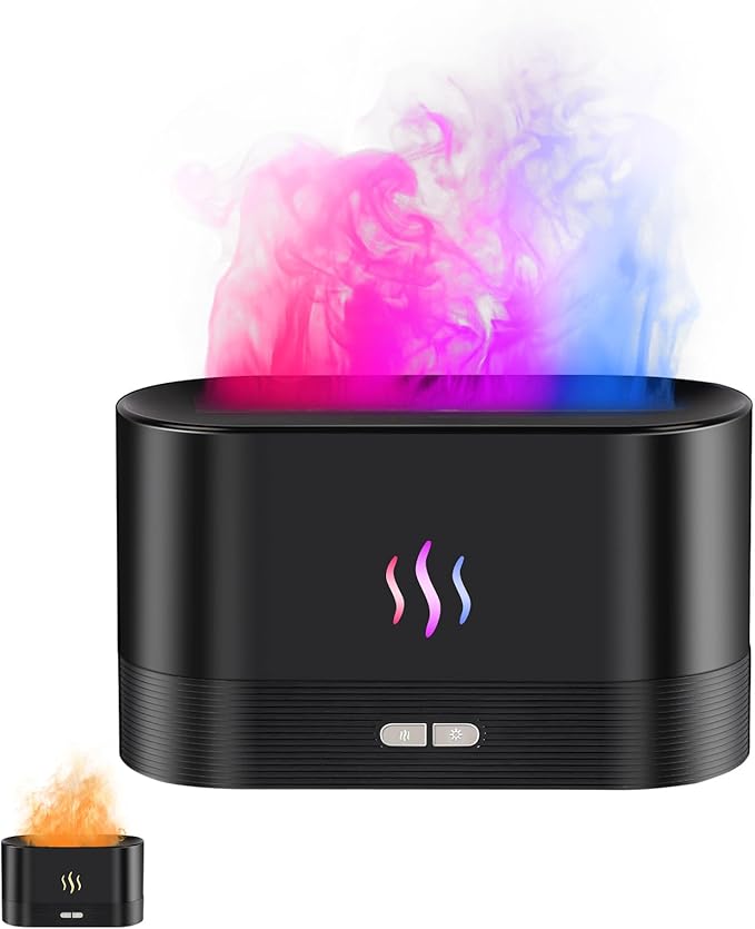 Flame Effect Essential Oil Diffuser, 180ml Ultrasonic Aromatherapy Humidifier, 7 Color Changing Lights with Ultra Quiet, Auto Shut-Off, Valentine's Day Gift for Bedroom Home Office and Yoga (Black) by Unknown