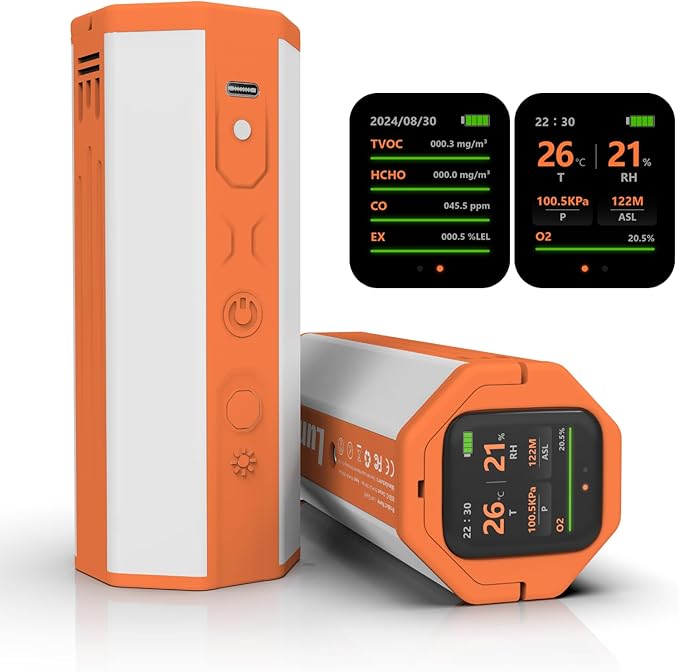 Portable Air Monitor, Lumopal Air Sensor with CO/TVOC/HCHO/EX/Humidity/Temp/Pressure Detector Indoor/Outdoor, VOC Meter CO Detector Gas Alert with 8000mah Long Lasting for Home Camping (Orange) by Lumopal