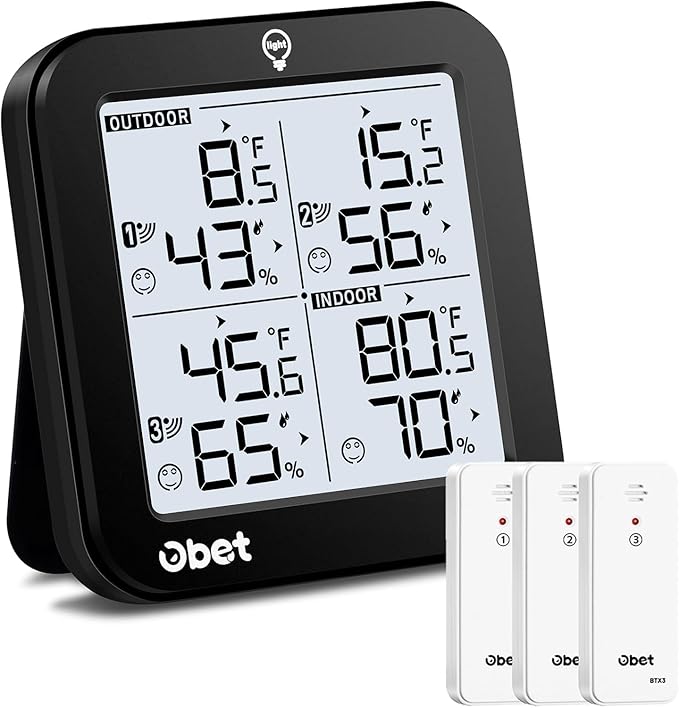OBET Indoor Outdoor Thermometer Wireless Weather Station with 3 Sensors, Digital Hygrometer Remote Thermometer, Thermometer Temperature Humidity Monitor with Adjustable Backlight, USB Port (500 Feet) by OBET