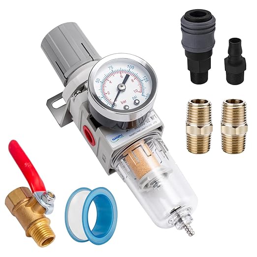 NANPU 1/4" NPT Compressed Air Filter Regulator Combo Piggyback, 5 Micron Brass Element, Poly Bowl, Semi-Auto Drain, Metal Bracket, 0-150 psi Gauge, Ball Valve by NANPU
