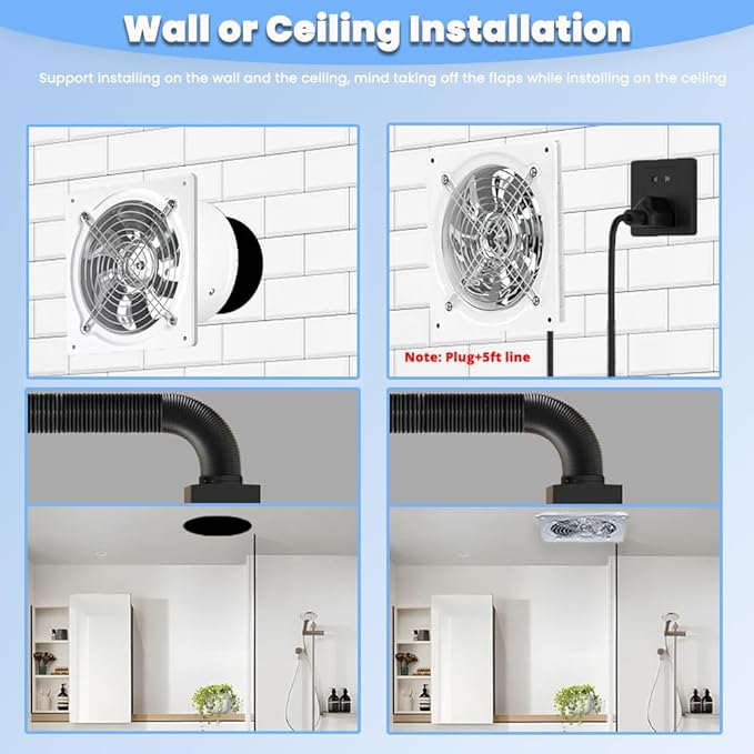 8 inch Exhaust Fan, 735CFM Wall Mounted Vent Fans, Ventilation Fan Bathroom Garage Attic Exhaust Fan Ceiling and Wall Mount Fan for Kitchen/Bathroom, 110V 80W - Image 6