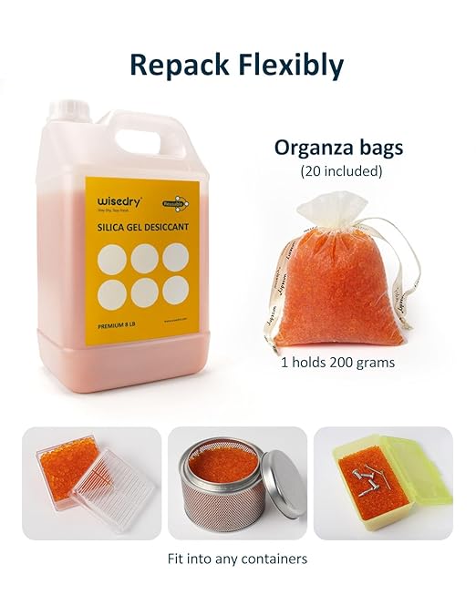 wisedry [ 8 LBS ] Reusable Silica Gel Beads Color Indicating Rechargeable Desiccant Beads Bulk with 20 Pcs Organza Drawstring Bags - Image 7