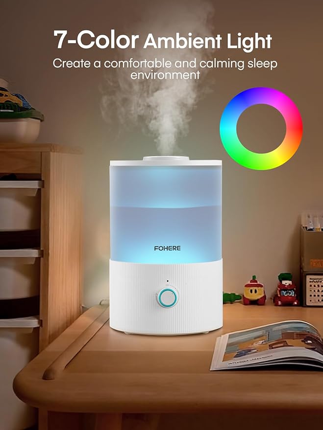 FOHERE Humidifiers for Bedroom, 3.2L Top Fill Cool Mist Ultrasonic Humidifier for Baby Rooms and Plants, 2-in-1 Essential Oil Diffuser with 7-Color Light and Auto Shut-Off, BPA-Free, Quiet, White - Image 5