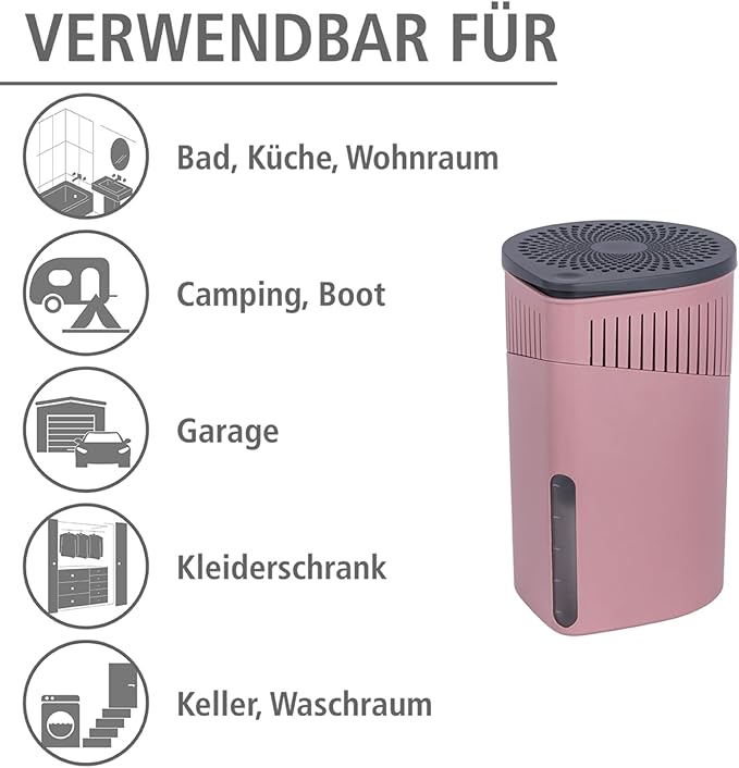 WENKO Portable Dehumidifier Drop Design, Compact and Rechargeable Dehumidifier for Bathroom, Closet, Bedroom, Garage, Covers up to 2800 Cubic Feet, 2.2 lbs, Pink, 5.9 x 9.1 x 5.9 in - Image 5