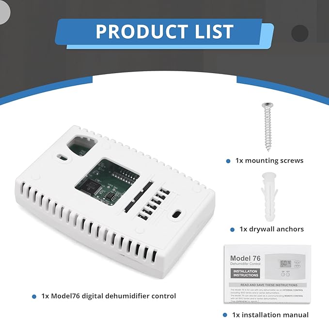 76 Digital Wall Mount Dehumidifier Control Compatible with 1800 Series & E-Series Whole House Dehumidifiers, Wall Mounted 24V AC Thermostat & Humidistat - Image 5