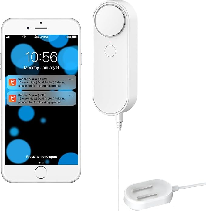 Multifunctional WiFi Water Leak Detector, 6.5ft Split Drip/Leak Detection Cable, Dual Interface, Expandable, Smart Leak Sensor Alarm, AAA Battery Powered, APP Monitoring, Over 5 Months Standby by Shonmau