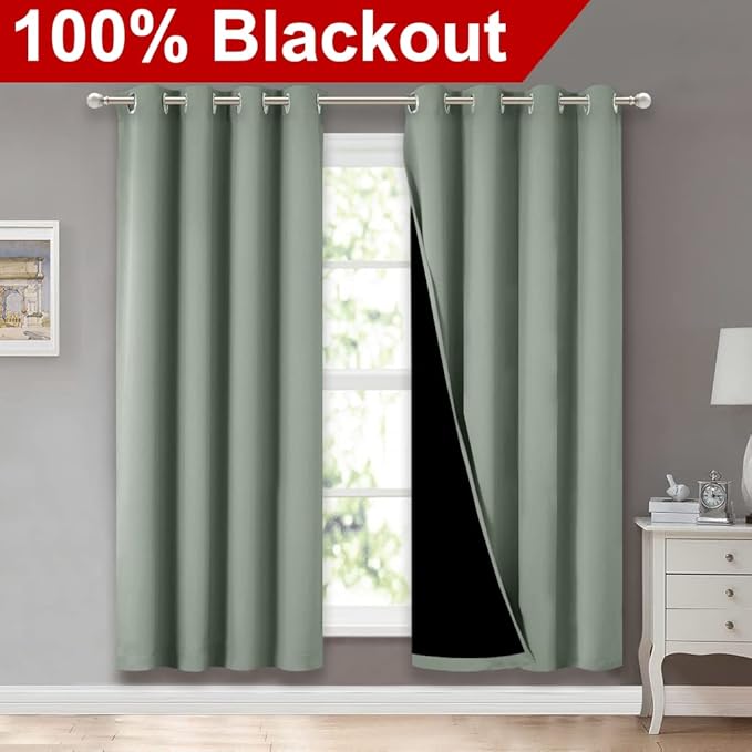 NICETOWN 100% Blackout Window Curtain Panels, Full Light Blocking Drapes with Black Liner for Nursery, 72-inch Drop Thermal Insulated Draperies (Greyish Green, 2 Pieces, 52-inch Wide Per Panel) - Image 2
