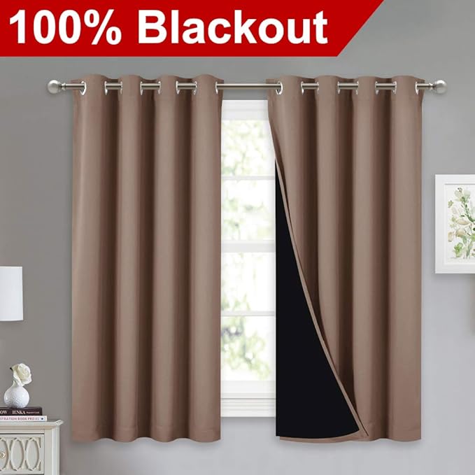 NICETOWN Room Warming Curtains, Bedroom Full Blackout Panels, Super Thick Insulated Window Covers, 100% Blackout Blinds with Black Liner for Small Window(Cappuccino, Set of 2 PCs, 52 by 45-inch) - Image 2