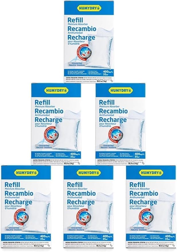 HUMYDRY Moisture Absorber Refills for 35.3 Oz Dehumidifier Device, Pack of 6 Unscented Humidity Absorber Bags, Non Electric Refill Pouches For Basements Garages Offices RVs and Large Enclosed Spaces by Humydrymoistureabsorbers