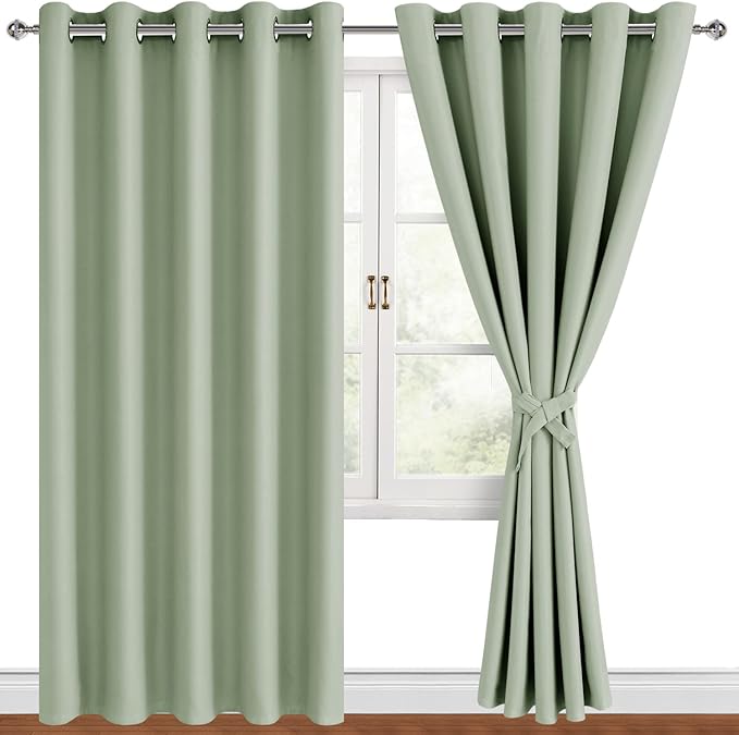 Hiasan Blackout Curtains for Bedroom, 60 x 84 Inches Long - Thermal Insulated & Light Blocking Window Curtains for Living Room/Kids Room, 2 Drape Panels Sewn with Tiebacks, Seafoam Green by Hiasan