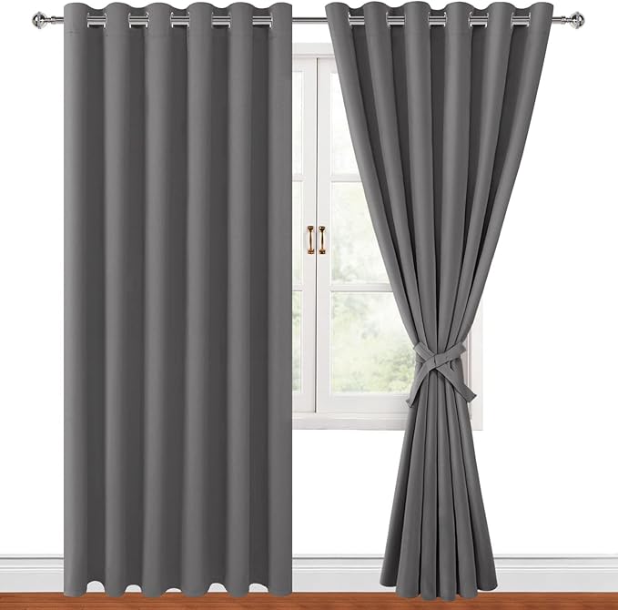Hiasan Grommet Blackout Curtains for Bedroom, 70 x 84 Inches - Thermal Insulated & Light Blocking Window Drapes for Living Room/Dorm Room, Set of 2 Panels Sewn with Tiebacks, Light Grey by Hiasan