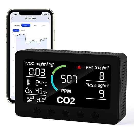 12 in 1 Air Quality Monitor Indoor, with WiFi and APP,Air Quality Tester for Home,Air Quality Meters for CO2,TVOC,PM1.0,PM2.5,AQI,Temperature and Humidity,Detector for Home,Office (Black) by Unknown