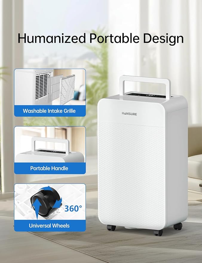 HUMSURE 4500 Sq. Ft 80 Pints Dehumidifier Equipped With Drainage Hose, Automatic Defrosting, for Basement, Home, Bathroom, Bedroom,24-Hour Timer Function - Image 6