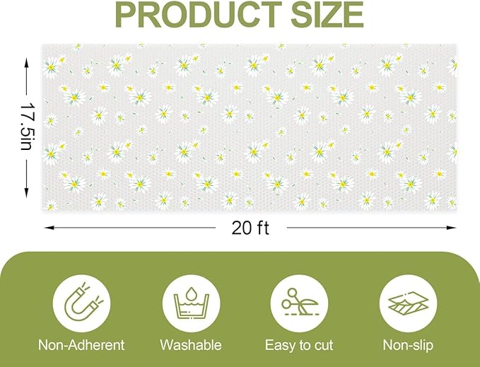 FEXIA Shelf Liner 17.5 Inch x 20 FT Daisy Non Slip Waterproof Cabinet and Drawer Liner for Kitchen Cabinet Refrigerator Pantry Closet Durable Non Adhesive - Image 2