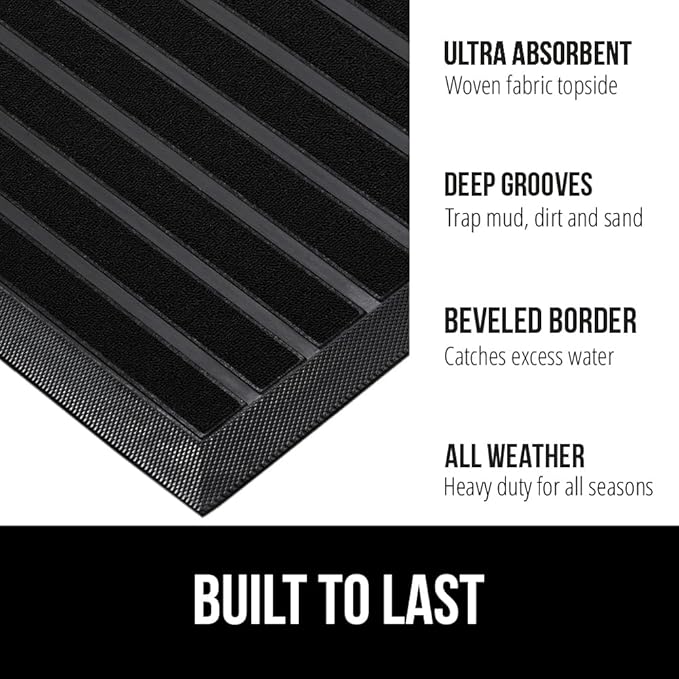 GORILLA GRIP 100% Waterproof All-Season WeatherMax Doormat US Designed Natural Rubber, Stain and Fade Resistant, Low Profile Indoor Outdoor Door Mats, Easy Clean Patio Mat, 17x29, Black Stripe - Image 2