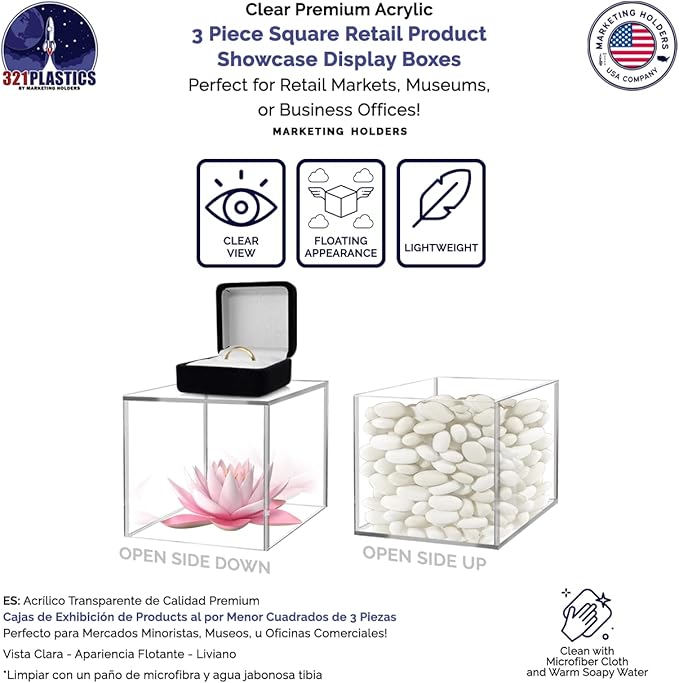 3 Piece Display Boxes Clear Acrylic Four Five Six Inch Pedestal Bins Open Bottoms No Lid Hollow Retail Product Riser One Open Side Merchandise Storage Box by Marketing Holders - Image 4