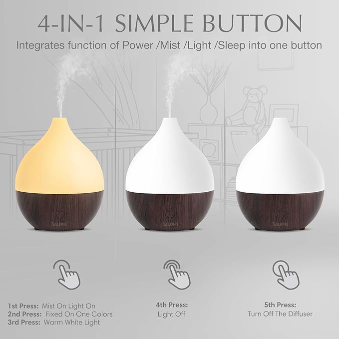 SALKING Essential Oil Diffuser, 100ml Small Aromatherapy Diffuser for Essential Oils, Auto Shut-Off Ultrasonic Diffusers, Cool Mist Humidifier with Warm White Lights, for Office Home (Dark) - Image 4