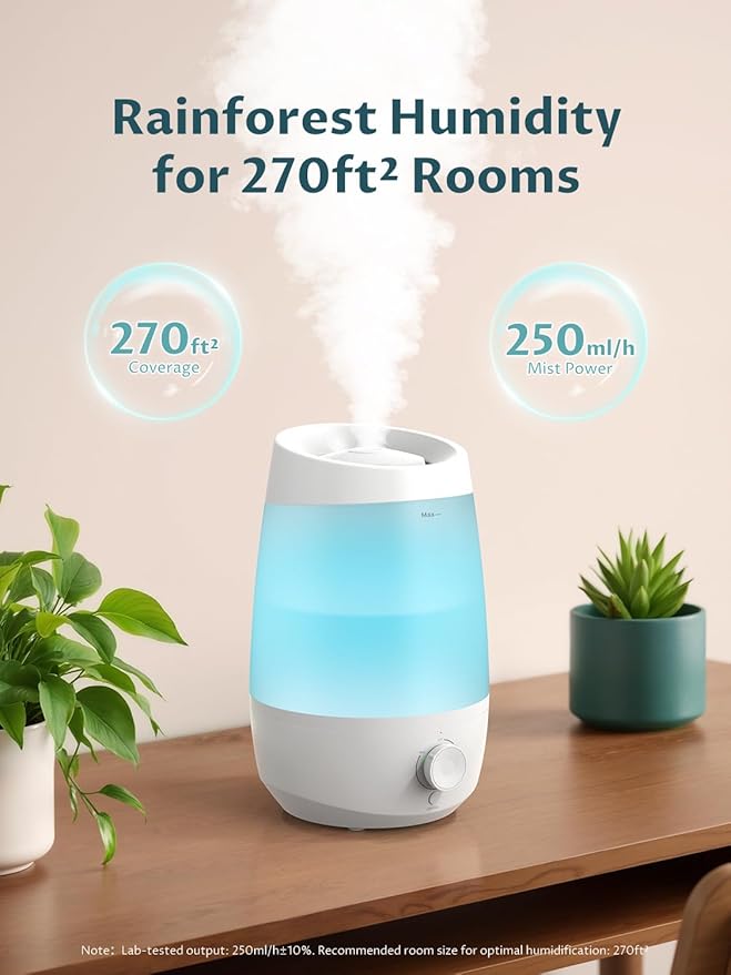 BREEZOME Humidifiers for Bedroom, 2.5L Humidifiers for home, 250ml/h Mist Output, 25hrs Essential Oil Diffuser, Auto Shut-Off, 25dB Ultra-Quiet Operation for Nurseries and Indoor Plants, White - Image 4