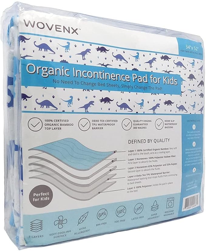 Organic Incontinence Pads for Kids & Toddlers - 5 Layer Waterproof Protectors for Overnight Bed Wetting - Reusable & Washable Pee Pads - Fits Twin to Full Size Beds - 34" x 52" Dinosaur - Image 2