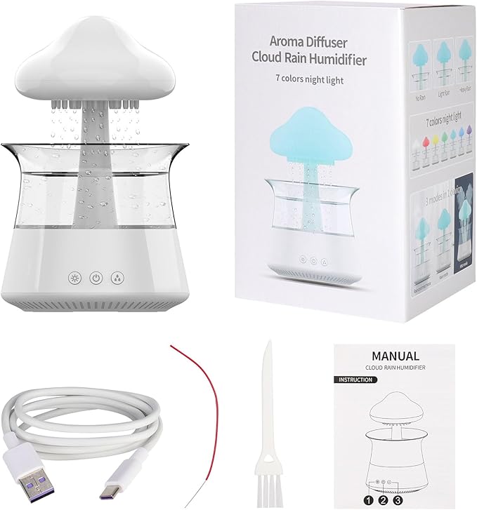 cjc Cloud Rain Humidifier for bedroom with Soothing Rain Sounds Sleep Aid, Waterfall Night Light, Mushroom Design Air Moisturizer，Room Decor Aesthetic for living room (White) - Image 9