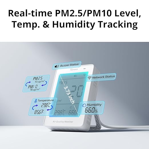 SONOFF Smart Indoor Air Quality Monitor with PM2.5, PM10, Temperature & Humidity Sensor, Real-Time Display & Alarm, Matter-Compatible, 2.4GHz WiFi, 3.73-inch Screen, for Bedroom, Nusery Room - Image 4