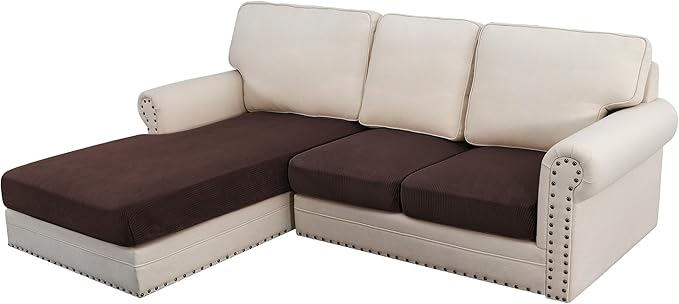 H.VERSAILTEX Velvet Stretch Sectional Couch Covers - 3 Piece L Shape Separate Cushion Set for Large 2 Seater + 1 Chaise, Brown Striped by HVERSAILTEX